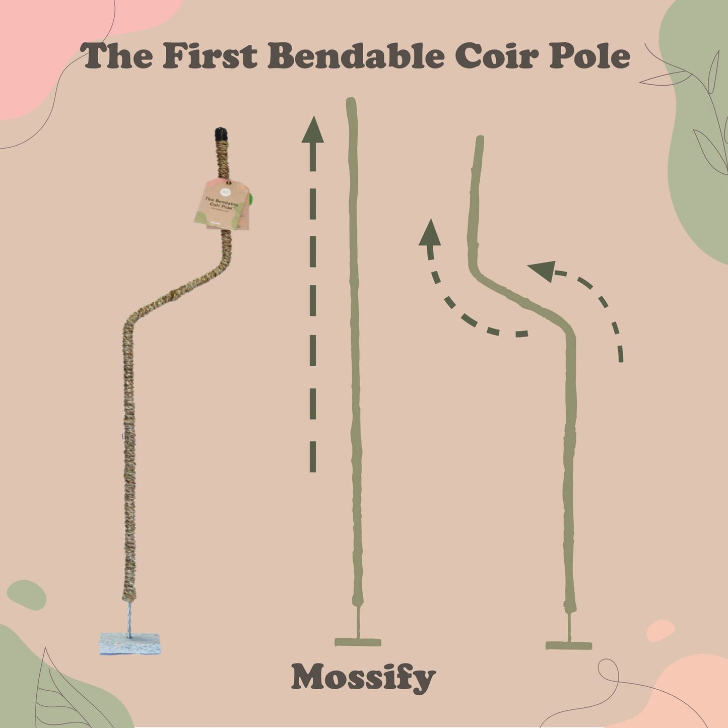 Mossify Bendable Coir Pole for Plants – 30” Premium Manila Coir Moss Pole Monstera Plant Support for Indoor & Outdoor Plant Climbing Support - Comes with Reusable Tape for Durable Plant Pole