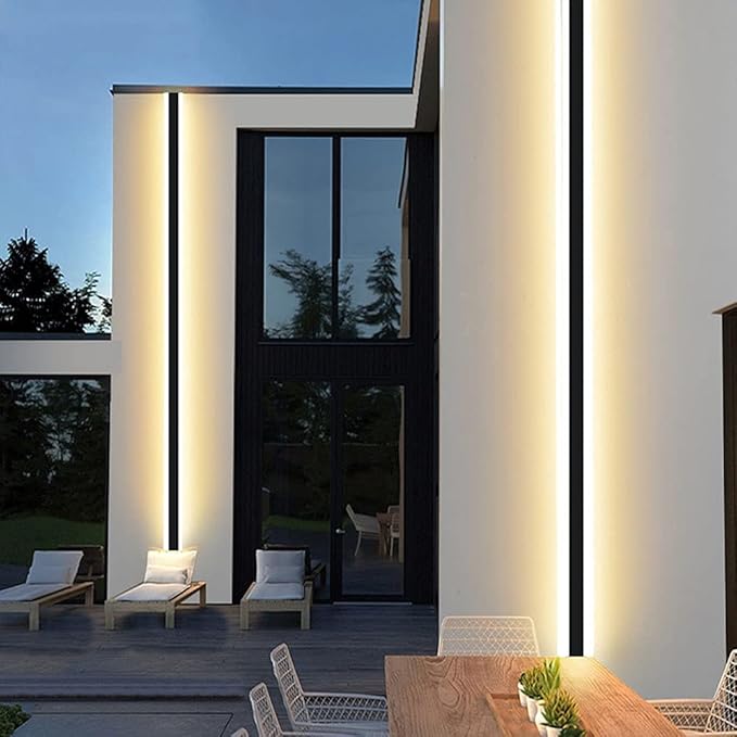 Outdoor Long Strip Modern LED Wall Lighting Fixture Lamps, Elegant Frosted White Acrylic, Black Aluminum Body IP65 Waterproof Anti Rust (Dimmable, 60inch)