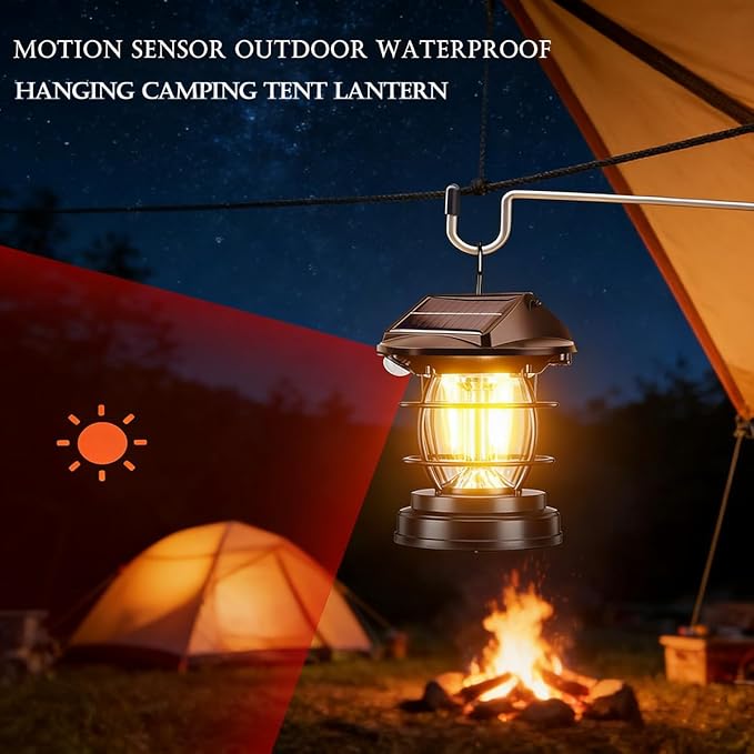 [1200lm] Motion Sensor Solar Lanterns Outdoor Tent Lights Portable Camping Exterior Front Porch Waterproof Table Desk Wall Sconce Lamp Rechargeable Anti Rust Coach for House Doorway Garage 1 Pack