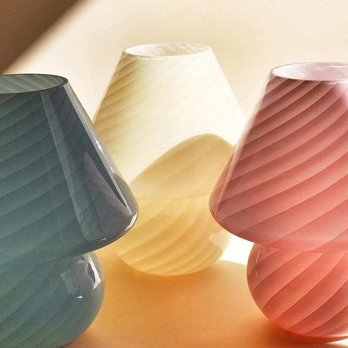 Swirl Mushroom Lamp, Translucent Glass Table Bedside Lamps Italian Style Modern Striped Desk Light for Baby Home Decoration of Dining, Living, Study (Matte White, Maxi Dia8.7*H9.9 Inches)
