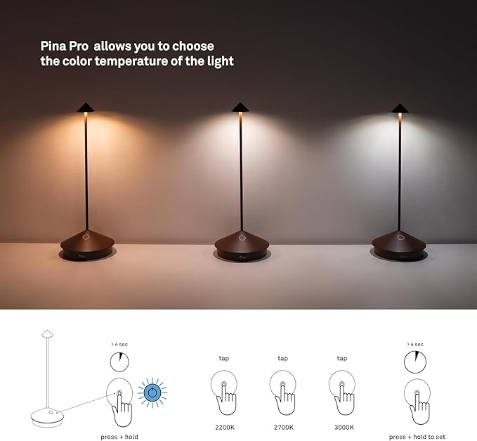 Zafferano, Pina Pro Lamp, Rechargeable Cordless Table Lamp with Touch Controls, Suitable for Indoor and Outdoor, Dimmer, 2200-3000 K, Height 11.4 Inches, Sage Color