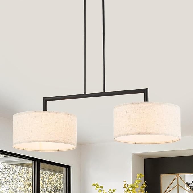 39” Modern Chandelier Off-White Fabric Shade 2-Lights Adjustable Industrial Pendant Light Large Farmhouse Contemporary Pendant Lighting Fixtures for Dining Living Room Kitchen, UL Listed