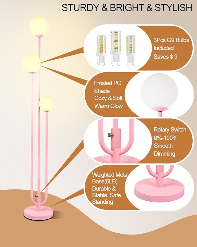 3-Light Pink Floor Lamp Dimmable, Unique Candle Holder Style Tall Standing Lamps with 3000K G9 Bulbs for Reading, Mid Century Modern Floor Lamp for Living Room Bedroom Office