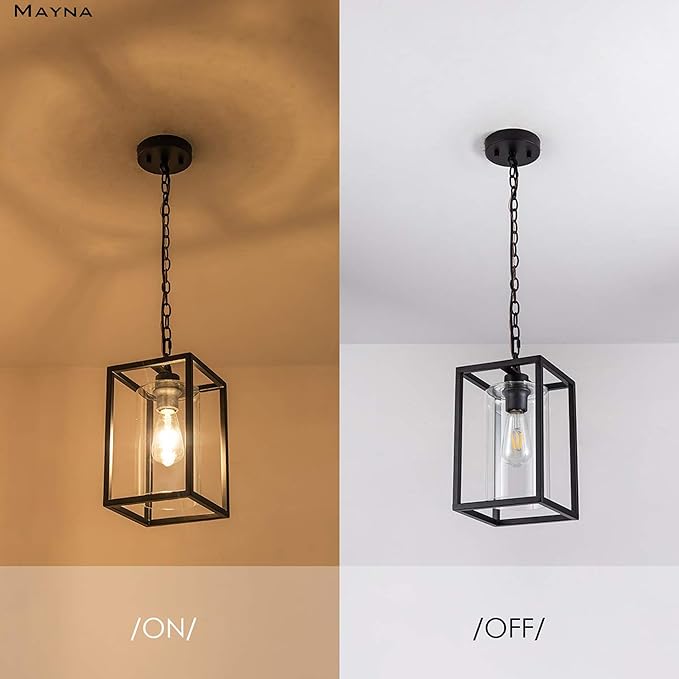 MAYNA 1-Light Farmhouse Pendant Light, Black Metal Cage Light Fixtures with Adjustable Chain and Glass Shade,Hanging Lights for Kitchen Island,Porch,Hallway