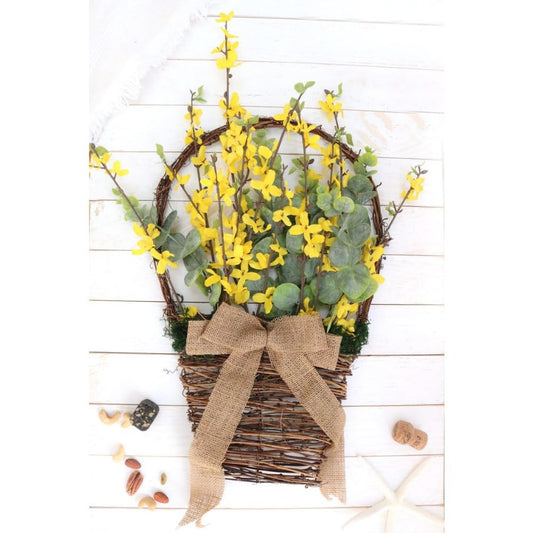 Flat Grapevine Basket Wreath with Eucalyptus and Forsythia, Spring Door Hanger for Front Door Porch Wall, Farmhouse Rustic Home Decor Handmade Floral Arrangement