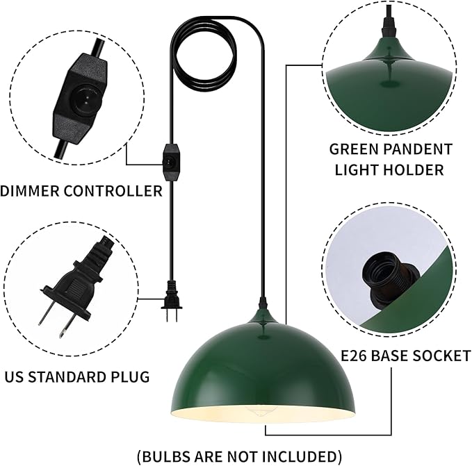 Green Plug in Pendant Light 2 Packs 11.8inch, Farmhouse Pendant Light, Kitchen Pendant Light, Pendant Lights Kitchen Island, Hanging Lights with Plug in Cord for Kitchen 14.7 ft