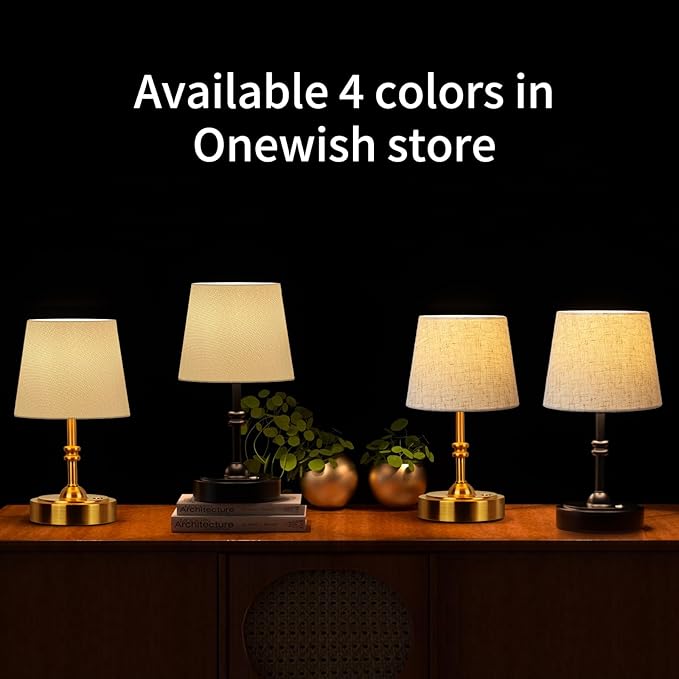 ONEWISH 2 Pack Small Cordless Lamps, Battery Operated Table lamp Dimmable, 4000mAh Rechargeable, Touch Bedside Lamp with White Fabric Shade, 2700K Bulb Included, for Dining, Patio, Bathroom(Gold)