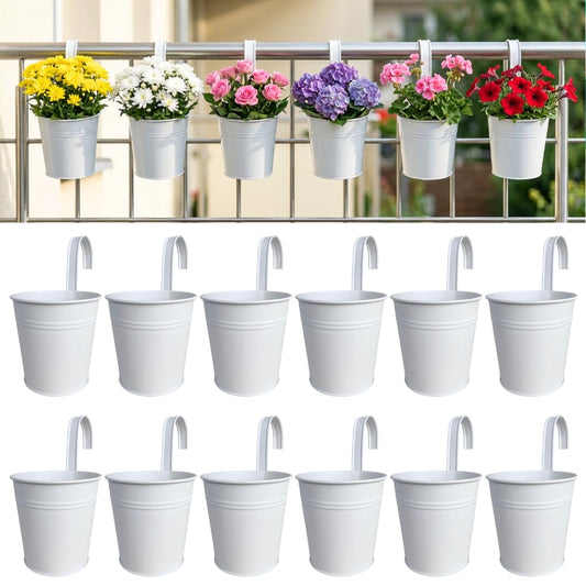 LaLaGreen Rail Planter (6 Inch, 12 Pack) White Large Metal Hanging Flower Railing Fence Balcony Gardening for Apartment Patio Planters Outdoor Deck Decoration Modern Garden Iron Porch Decor Pots