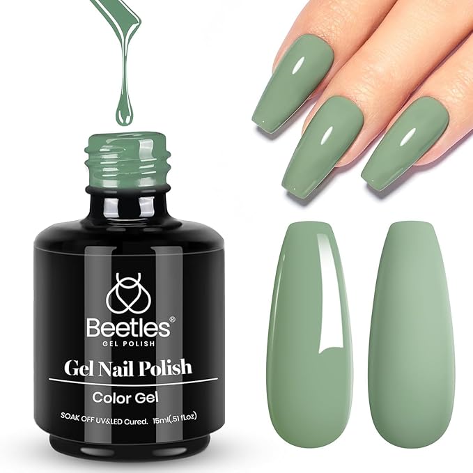 Beetles Green Gel Nail Polish, Emerald Olive Sage Green Eucalyptus Gel Polish 15ml Soak Off UV LED St Patricks Day Nails Lamp Easter Spring Nails Art Manicure Salon DIY Home Gift for Her