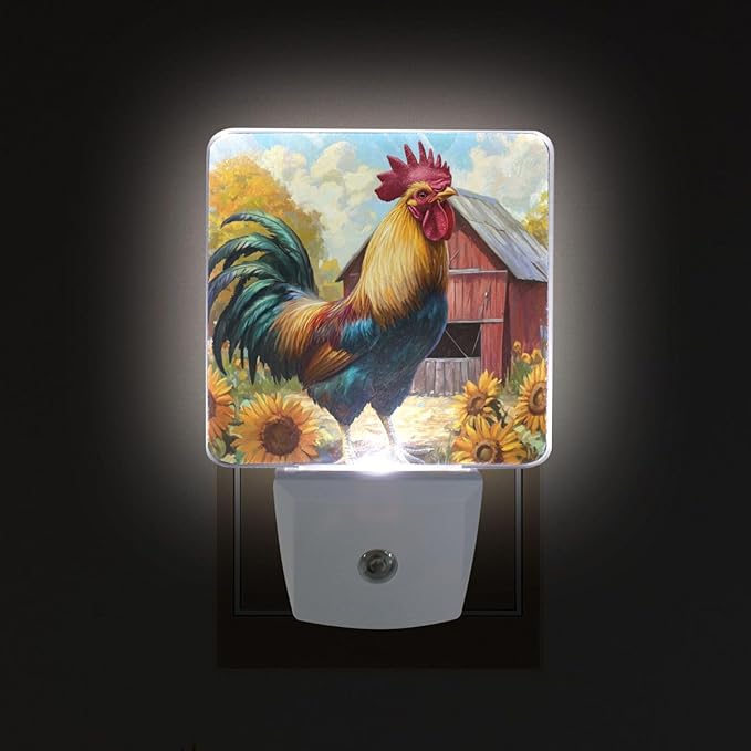 Rooster Farmhouse Night Light 2 Pack Dusk to Dawn Sensor Led Lamp for Women Men Night Lights Plug into Wall Decor for Bedroom Kitchen Corridor, 0.5W
