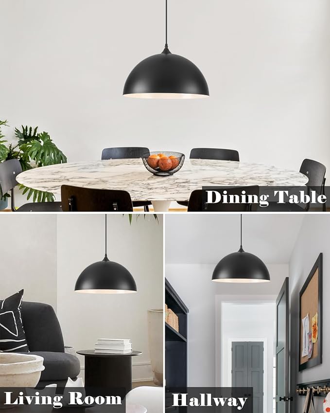 Large Pendant Lights Kitchen Island, 16 Inch Black and White Dome Pendant Light, Black Farmhouse Pendant Light, Large Industrial Pendant Lights for Kitchen Island, Dining Room, Cafe, 2 Pack