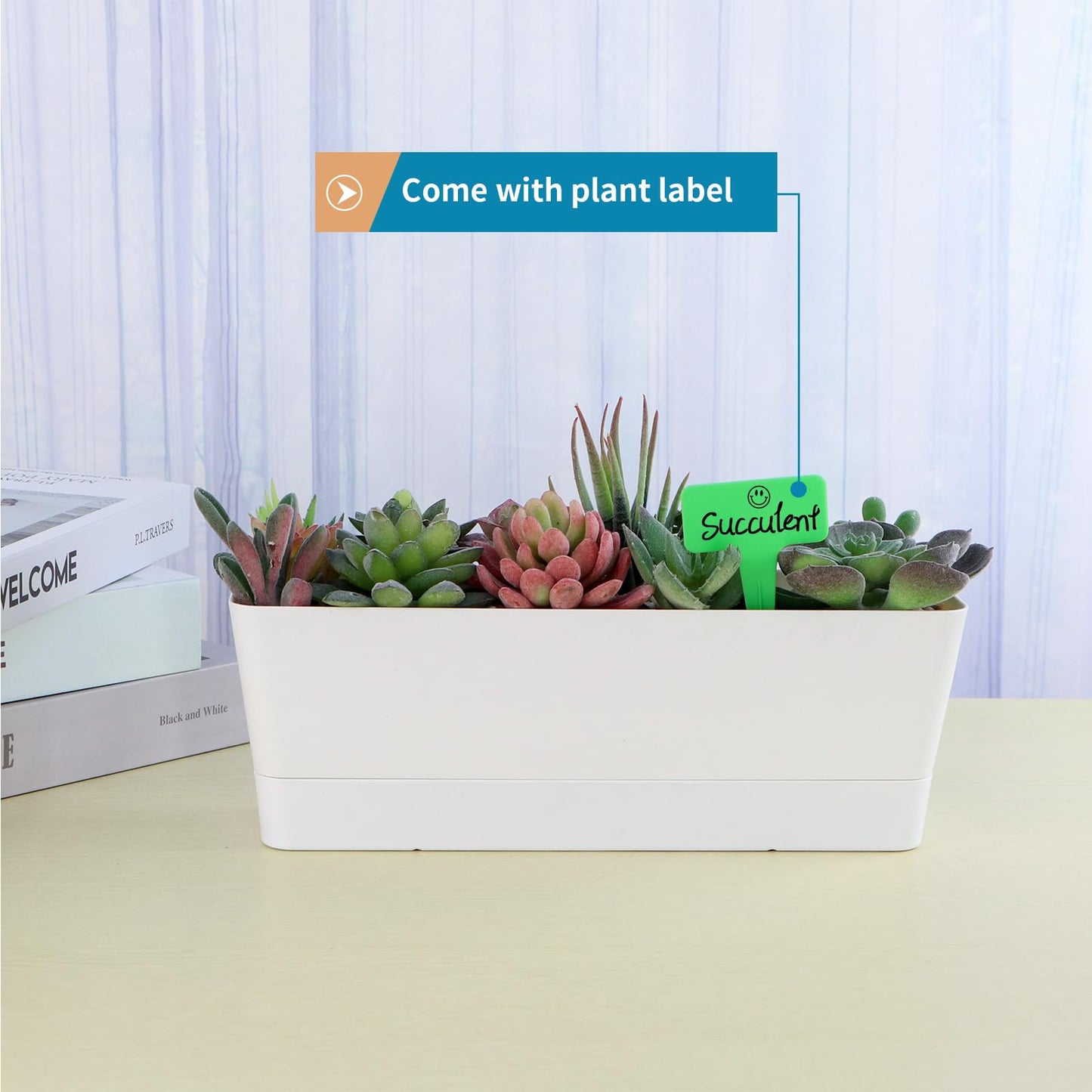 Sanbege Window Box Planter with Tray, 12" Rectangle Plant Pot, Pack of 3 (White)