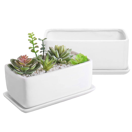 MyGift 10 Inch Modern Unglazed White Ceramic Indoor Plant Pot with Drainage Hole, Rectangular Succulent Planter Window Box with Removable Saucer, 2 Pack