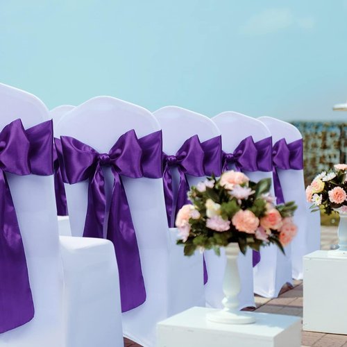 Babenest Satin Chair Sashes - Upgraded 50 Pcs Chair Ribbons & Bows for Weddings & Events | Purple