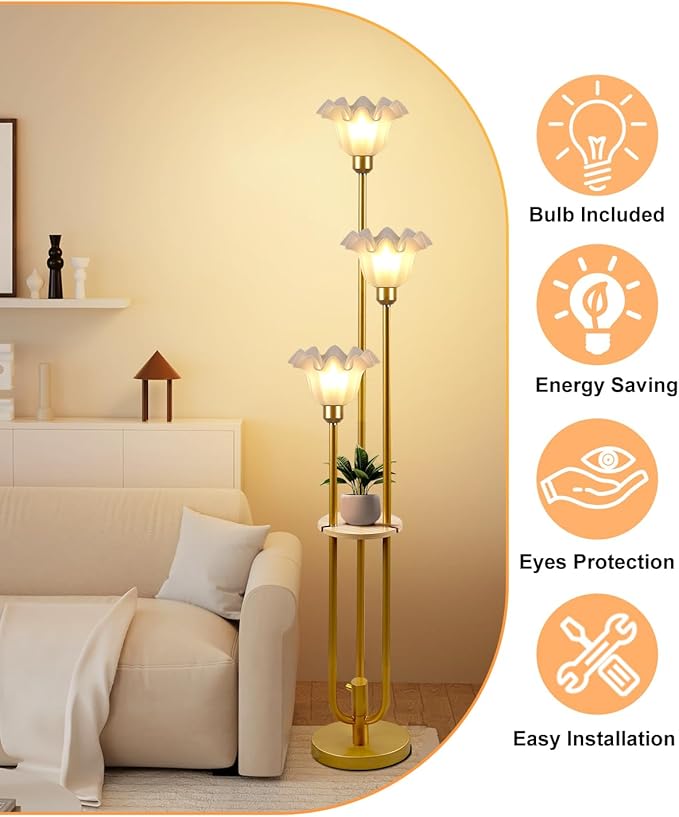 Lightdot Flower Floor Lamp for Living Room, Dimmable Vintage Floor Lamp with Shelf &Bulbs Included, 3 Light 3000K Gold Mid Century Standing Lamp, Floral Tall Lamp for Bedroom/Sofa Beside/Corner Decor