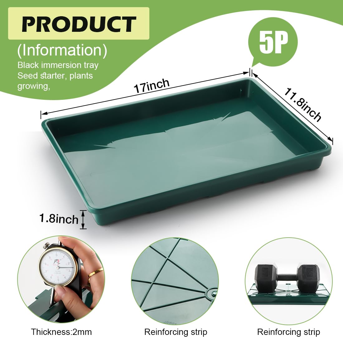 RooTrimmer 5 Pack Seed Starter Trays (17"x11"x2"), Plastic Flat Nursery Pots Trays, Durable Carrying Seedling Starter Tray, Reusable Tray for Planting and Collecting Drainage Water (Green)