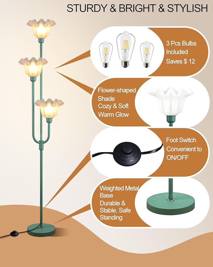 Lightdot Flower Floor Lamp 3-Lights Rustic Floor Lamps with 3000K Warm White Bulbs Included for Wedding Party Modern Tall Standing Lamp for Living Room/Bedroom/Sofa Beside/Corner Decor-Grey Green
