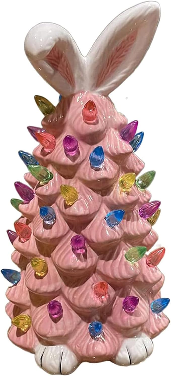 2026 Newly Lighted Easter Bunny Resin Tabletop Tree 6 Inches Pre-Lit Rabbit Figurines with Colorful Lamp Beads and Bunny Ear Top Spring Easter Holiday Decor Gifts