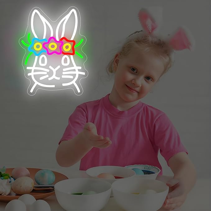 Easter Neon Sign for Wall Decor Easter Bunny Neon Sign Cute Rabbit Wearing Flower Neon Led Lights for Spring Bar Living Room Party Holiday Bedroom Gifts