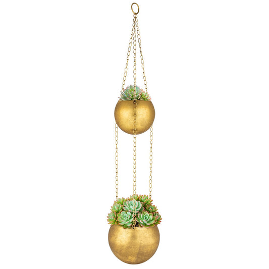 Gold Metal Hanging Planters for Indoor Plants - Round Wall Hanging Baskets with Hook & Chain & Drainage Hole Farmhouse Rustic Garden Rustproof Vintage Flower Pot for Wall Ceiling Plant Hanger Outdoor