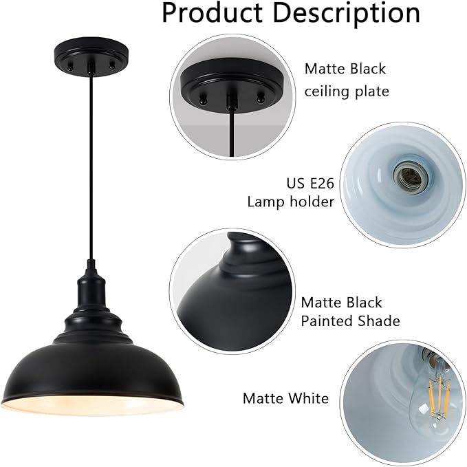 2 Pack Farmhouse Pendant Light Black Pendant Lights Kitchen Island Industrial Adjustable Hanging Barn Lamp Pendant Lighting Over Island Sink Light Fixtures