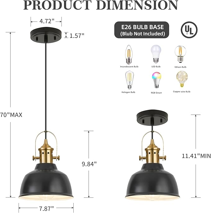 Farmhouse Small Pendant Lights, Black Pendant Lighting for Kitchen Island, lndustrial Adjustable Height Hanging Light for Barn, Dining Room, 2 Pack