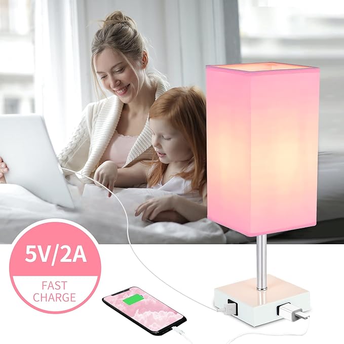 Touch Control Bedside Lamp - 3-Way Dimmable Table Lamps with USB C+A Port and Outlet, Nightstand Lamp for Bedroom Decor and Living Room,Pink