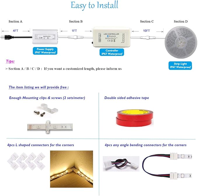 50FT/Roll 60LEDs/M 24V 5050 IP67 Waterproof RGB LED Flexible Strip Light w/Bluetooth Remote & Controller(Waterproof) and Power Supply(Waterproof)