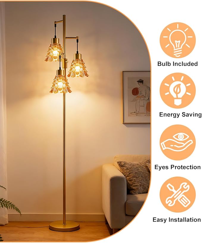 Lightdot 67" Glass Floor Lamps for Living Room, 3-Light Dimmable Floor Lamp with Brown Glass Shade& E12 Bulbs Included, Mid Century Standing Tall Lamp for Bedroom/Sofa Beside/Corner Decor-Gold