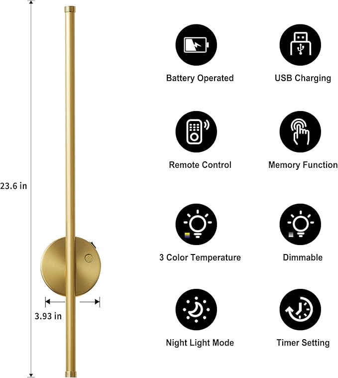 Motion Sensor Battery Operated Wall Sconce Set of Two - Modern Rechargeable Wireless Wall Lights with Remote Control, Dimmable, 3000K/4000K/6000K, Timer for Living Room, Hallway,23.6 Inch, Brass