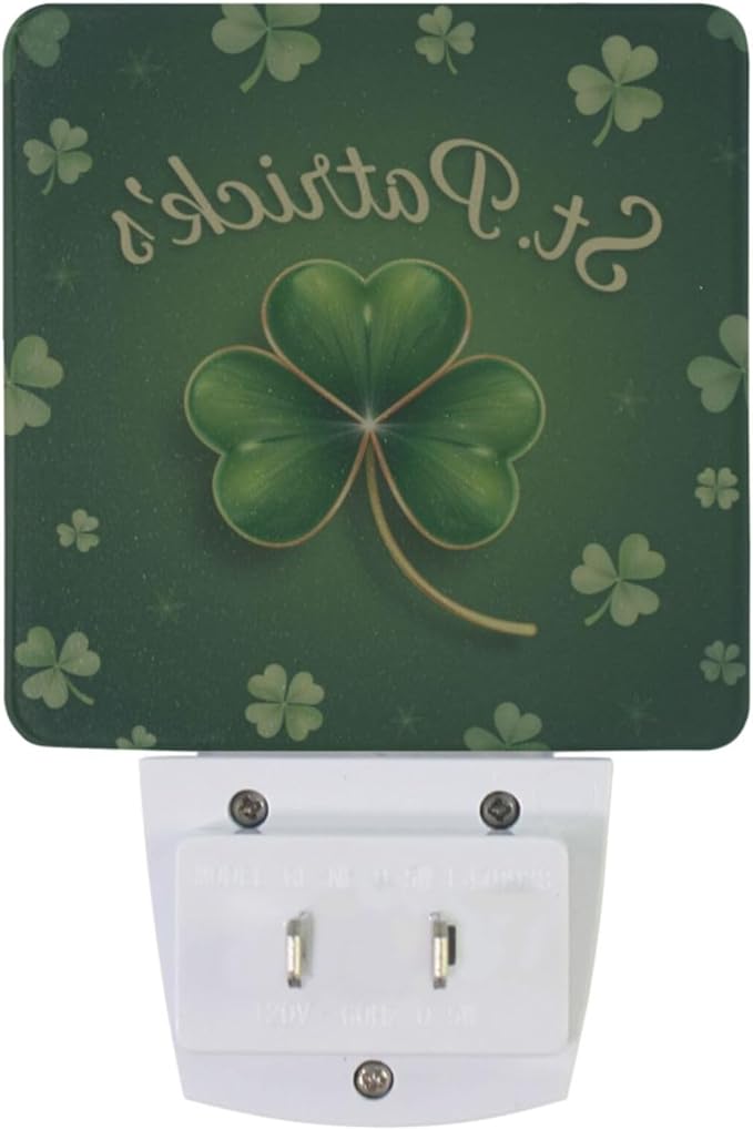 Vdsrup Sparkle Clover Shamrock Night Light Set of 2 Happy St Patrick's Day Plug-in LED Nightlights Auto Dusk-to-Dawn Sensor Lamp for Bedroom Bathroom Kitchen Hallway Stairs
