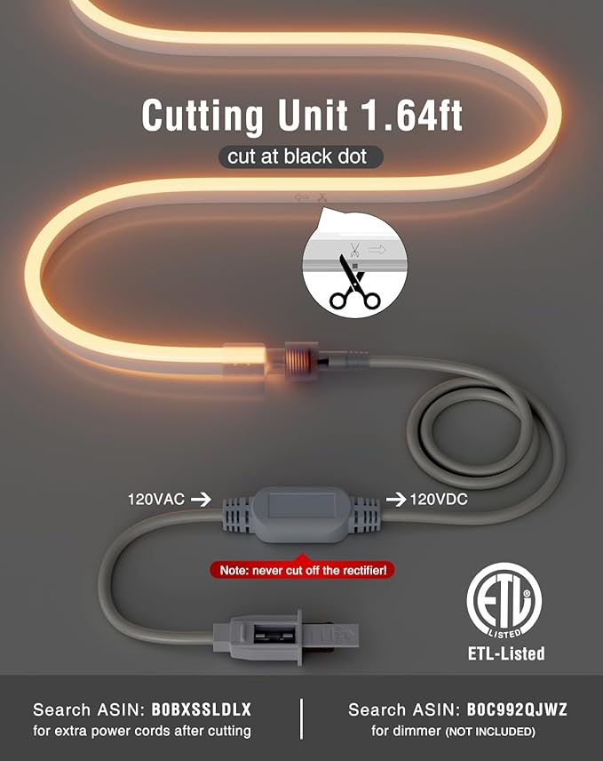 Shine Decor 50FT LED Neon Rope Lights, Bright 2500K Warm White AC110V-120V Neon Strip Light, 8x16mm Cuttable Waterproof SMD2835 120LED/M Indoor Outdoor Light Strips, DIY Ambiance Lighting Decoration