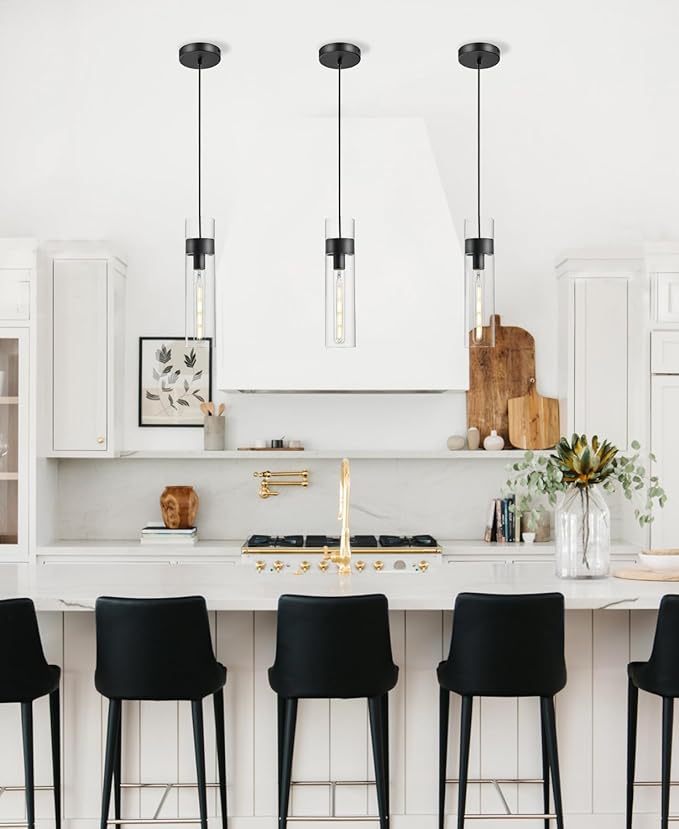 2 Pack Black Pendant Lights Kitchen Island (Bulbs Included), Adjustable Modern Glass Pendant Light Over Island, Industrial Pendant Light Fixtures for Dining Room Hallway Bedroom Living Room
