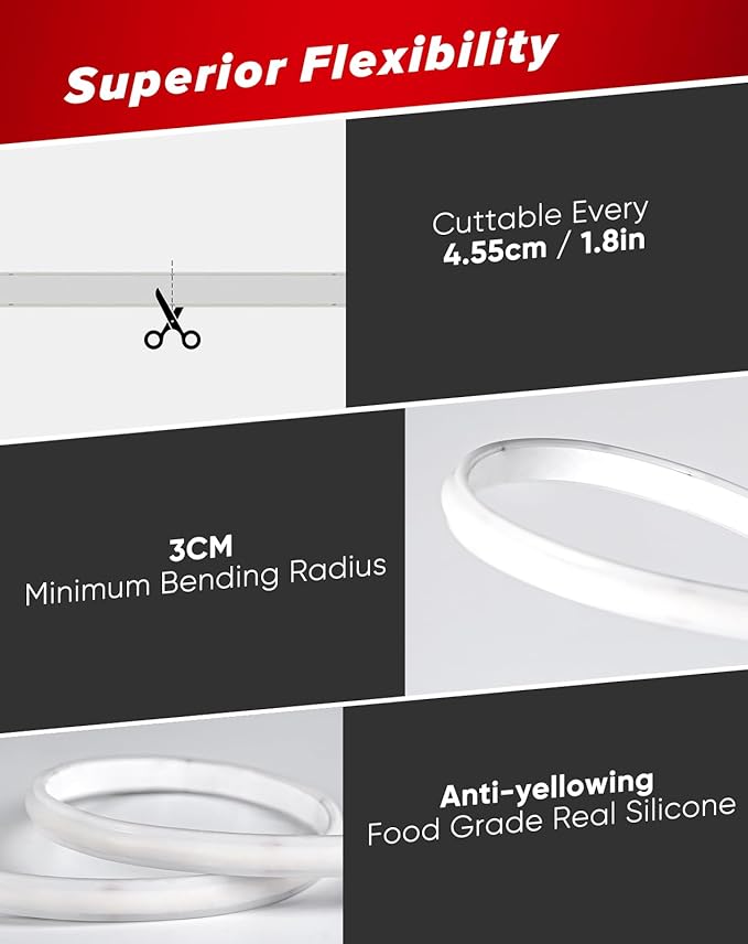Shine Decor COB LED Rope Light AC 120V, 800lm Ultra Bright, IP65 Waterproof Cold-Resistant ETL Neon Strip, No Driver Tape Lighting for Home Commercial 10x4.5mm, 6000K Cool White, 98.4ft