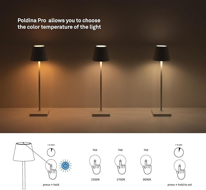 Zafferano, Poldina Pro Lamp, Rechargeable Cordless Table Lamp with Touch Controls, Suitable for Indoor and Outdoor, Dimmer, 2200-3000 K, Height 14.9 Inches, Steel Blue Color