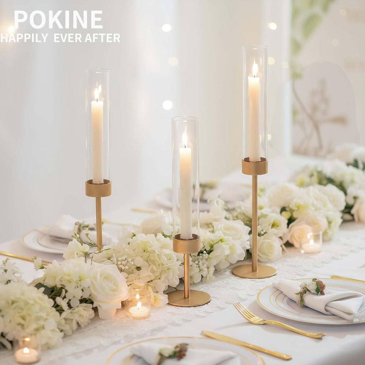 POKINE Tall Candle Holders - Set of 3 Hurricane Glass Taper Holders for Weddings & Parties