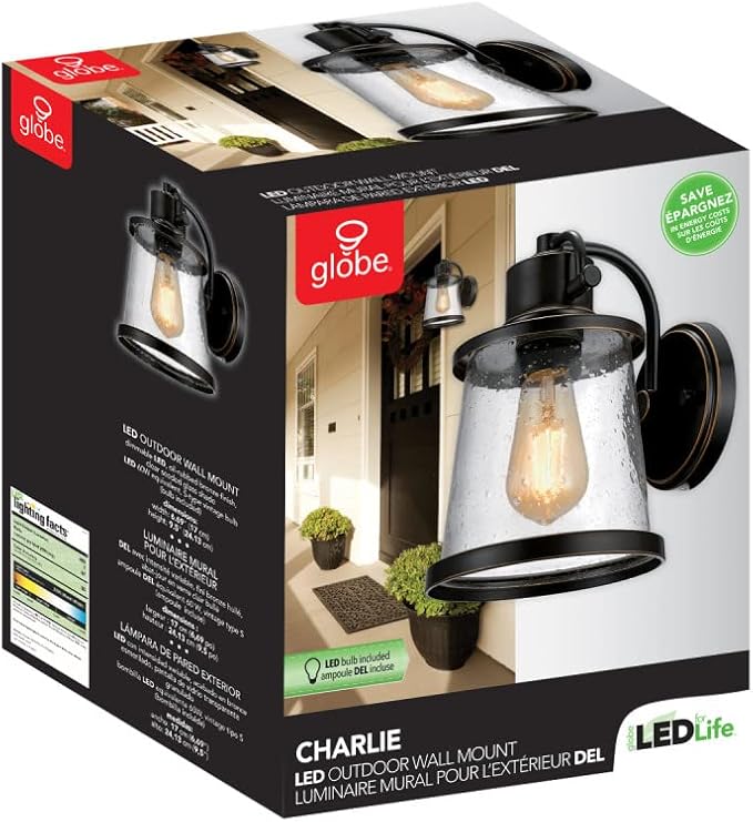 Globe Electric 44127 Charlie 1-Light Outdoor Indoor Wall Sconce, LED Bulb Included, Oil Rubbed Bronze, Clear Seeded Glass Shade, 500 Lumen