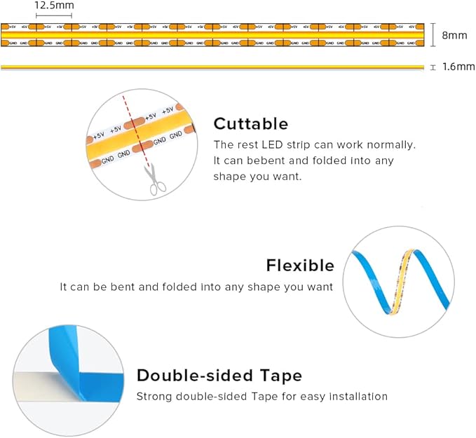 USB LED Light Strip 6.56FT, 5 Volt USB Powered COB LED Tape Lights, 3000K Warm White 8mm High Density Flexible Strips CRI90+ for TV Backlight Under Cabinet Bedroom, No Controller and Power