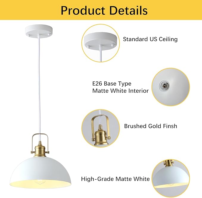 Kitchen Pendant Lighting Over Island 2 Pack, Modern White Gold Metal Pendant Lights, Ceiling Hanging for Kitchen Living Dining Room Restaurant Hallway Entrance
