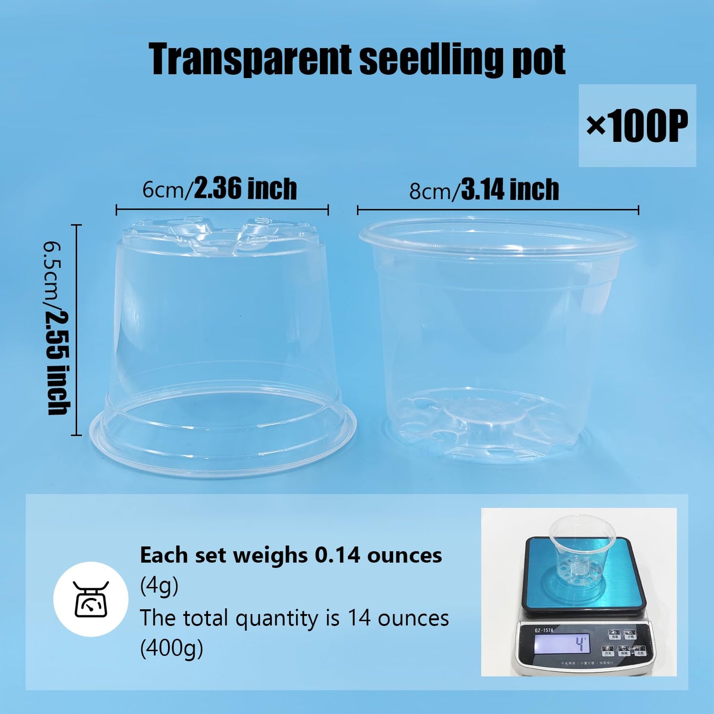 RooTrimmer Clear Seedling pots 100-Pack 3.2 Inches Round for Seeds Starter Pots, Seeds Germination Transparent Clean Pots with Drainage Holes(100 Pcs, 3.14Inch)