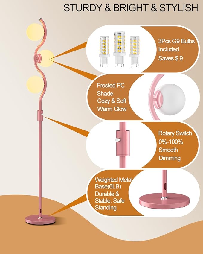 Lightdot 60IN Dimmable Pink Floor Lamp Mid Century Standing Lamps with 3Pcs 3000K Warm White Bulbs Included Dimmable Globe Modern Tall Lamp with Stable Base for Bedroom/Office/Sofa Beside/Corner Decor