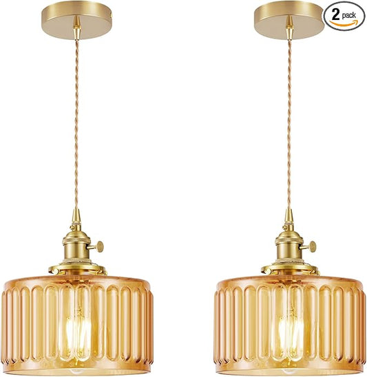 2 Pack Industrial Pendant Lighting, Modern Glass Shade Farmhouse Adjustable Hanging Light Fixtures for Kitchen Island Living Room Bedroom Hallway, Brown