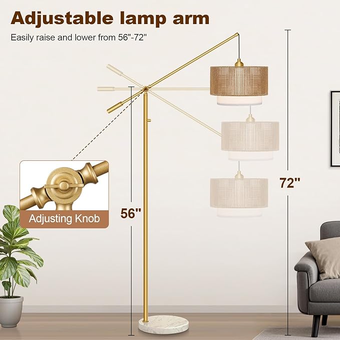 【Upgraded】Arc Floor Lamp for Living Room, Boho Dimmable Swing Arm Floor Lamp with Rattan & Fabric Shades, Gold Rattan Standing Lamp with Marble Base, Farmhouse Adjustable Tall Lamp for Bedroom Office