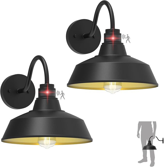 12.4'' Motion Sensor Outdoor Barn Lights, Dusk to Dawn Outdoor Lighting Wall Mount, Farmhouse Outdoor Wall Sconce Dome Gooseneck Barn Light for Porch Garage Patio, Waterproof Rustproof, 2-Pack