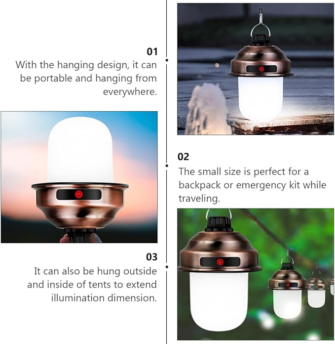 HEMOTON Rechargeable LED Camping Lantern Portable Super Bright Tent Light Retro Outdoor Charging Lamp for BBQ Hiking and Garden Use Copper Color