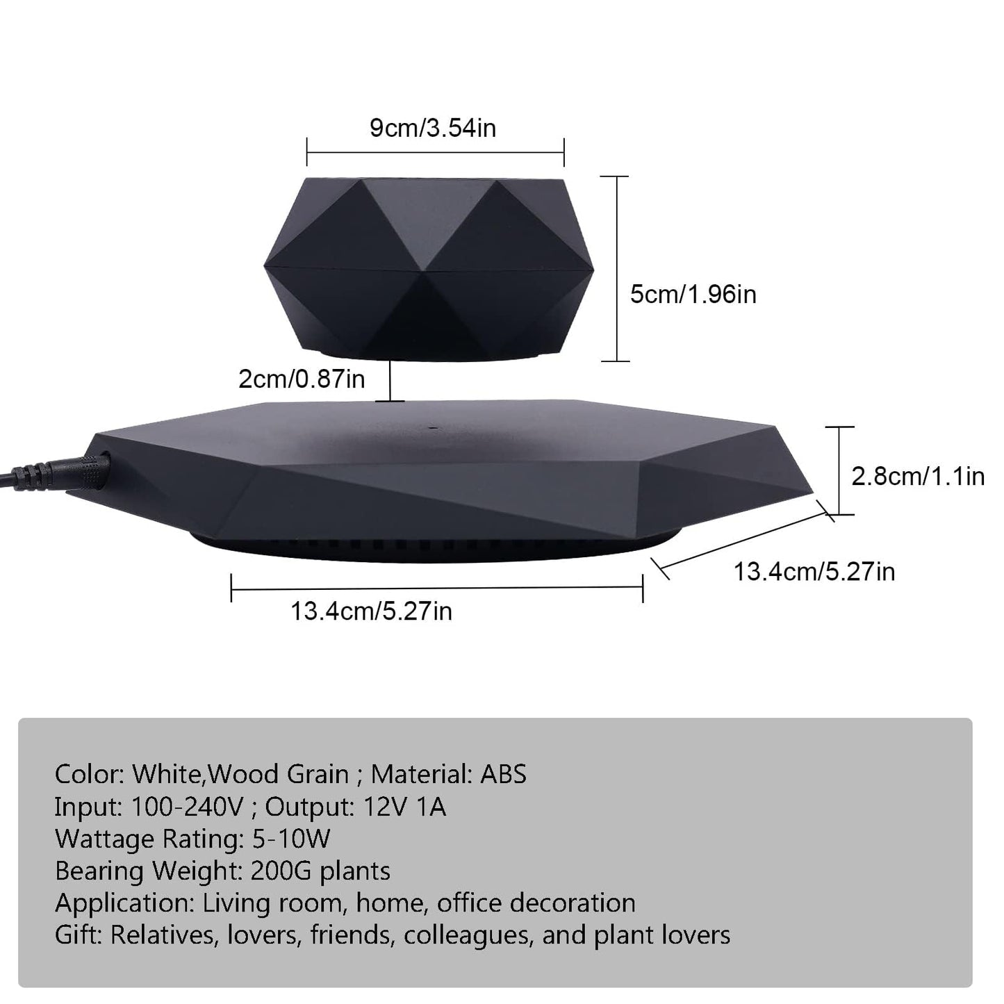 trggvvrt Floating Plant Pot for Small Plants, Magnetic Levitating Flower Pot Planter for Office Home Decoration, Black Hexagon Suspension Rotating Air Bonsai Planter Flower Pot