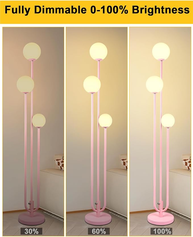 3-Light Pink Floor Lamp Dimmable, Unique Candle Holder Style Tall Standing Lamps with 3000K G9 Bulbs for Reading, Mid Century Modern Floor Lamp for Living Room Bedroom Office
