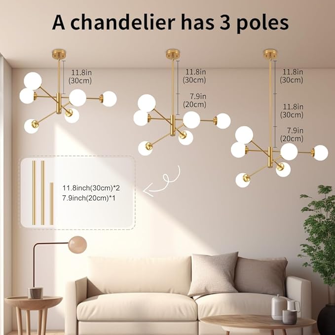 Sputnik Chandelier, Gold Modern Chandeliers, Mid Century Ceiling Lighting Fixture 6-Lights with Milk White Glass Shade for Living Room, Kitchen, Bedroom, Dining Room, and Farmhouse