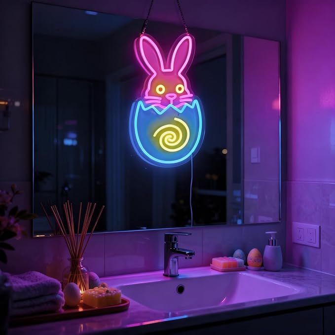 Easter Egg Neon Sign - Bunny LED Wall Decor with Multicolor Glow, USB Powered Dimmable Spring Decor for Easter Party Decorations & Gift Ideas