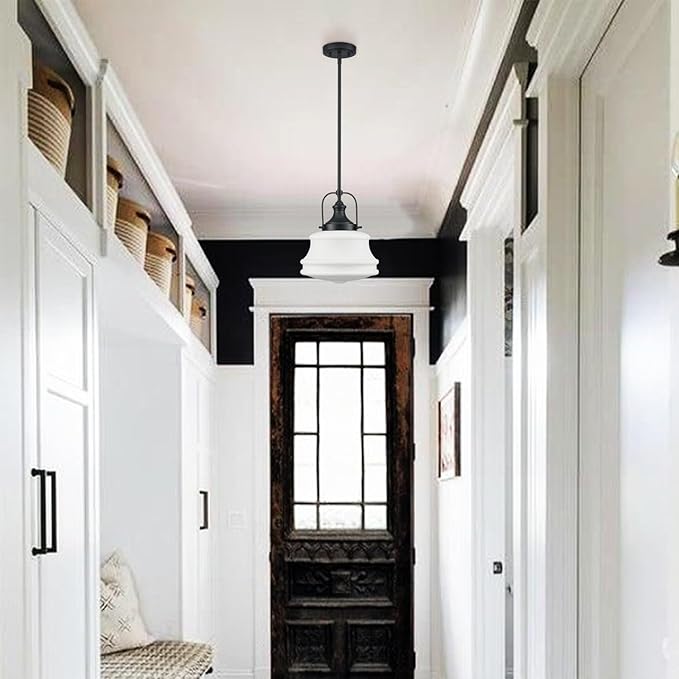 Industrial Pendant Light Fixtures Black Hanging Adjustable Schoolhouse Light Milk White Shade for Kitchen Bar Bedroom Bathroom Dining Room